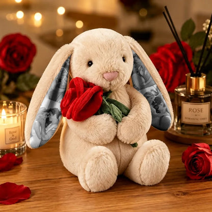 Custom Photo Red Rose Bunny Plush – Personalized Hidden Ear Picture Gift