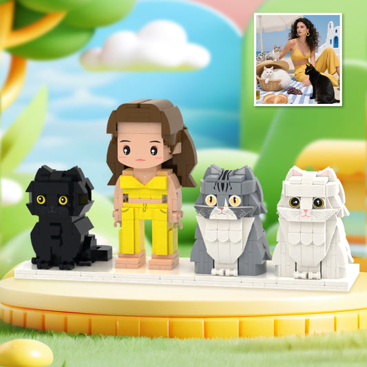 Cute Brick Figures of 1 Person and 3 Cats 