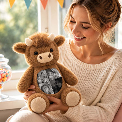 MadeMine personalized Highland Cow plush toy with custom photo, soft plush animal perfect for cuddling and keepsake gifts