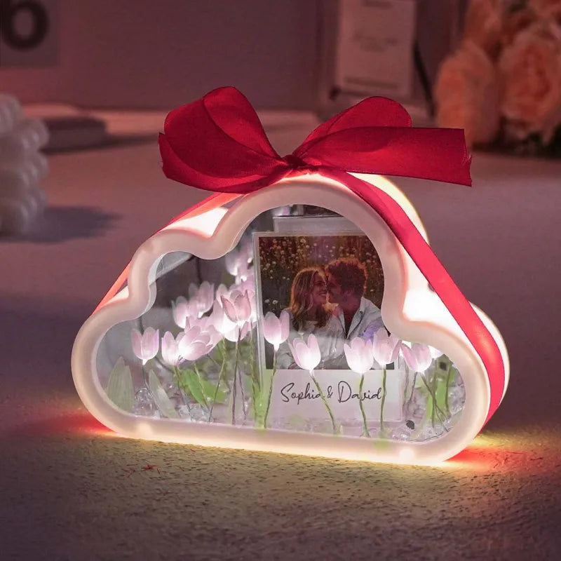 Gepersonaliseerde fotowolkvormige tulp rechthoekige lamp bloem oneindigheidsspiegeldoos oneindigheidsspiegelbloem met uw foto en tekst DIY-kit
