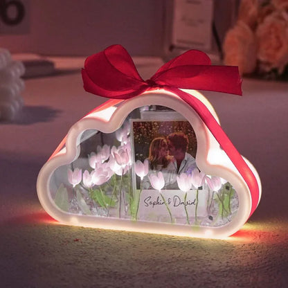 Gepersonaliseerde fotowolkvormige tulp rechthoekige lamp bloem oneindigheidsspiegeldoos oneindigheidsspiegelbloem met uw foto en tekst DIY-kit