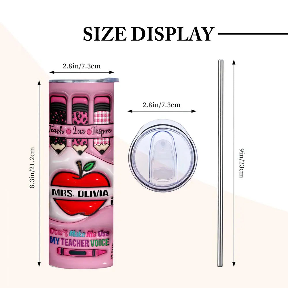 Personalized 3D Apple & Pencil Teacher Tumbler – 20oz Skinny with Lid & Straw