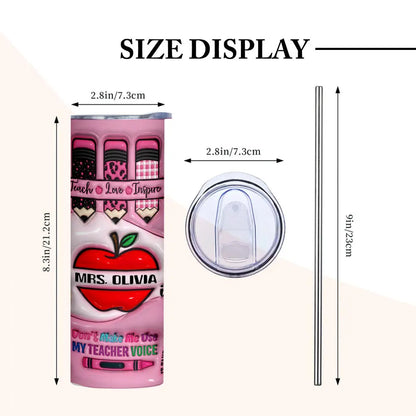 Personalized 3D Apple & Pencil Teacher Tumbler – 20oz Skinny with Lid & Straw