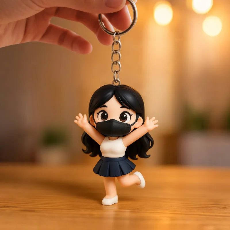 Custom 3D mini figure keychain from MadeMine, personalized doll based on your photo, featuring a detailed miniature character.