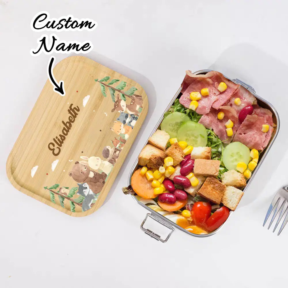Personalized Kids Lunch Box – Custom Name Stainless Steel & Wood