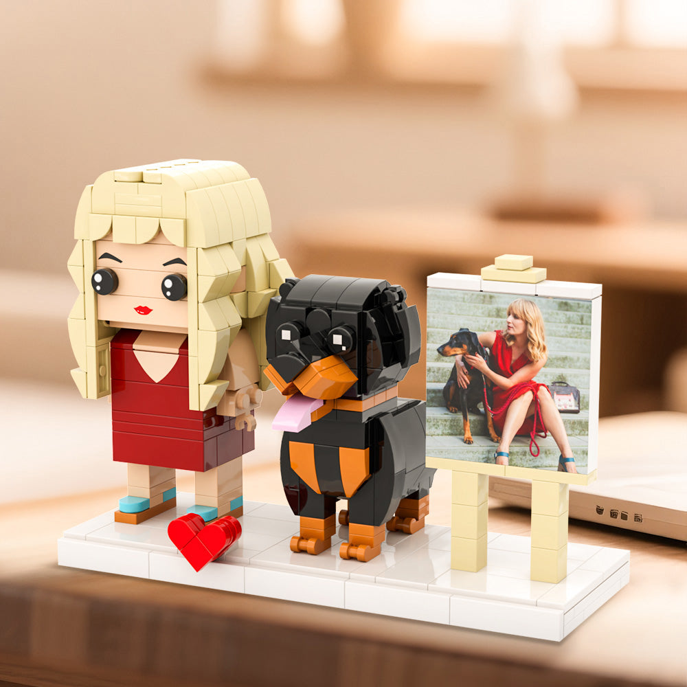 Custom Full-Body Brick Figures of 1 Person and Dog with Frame
