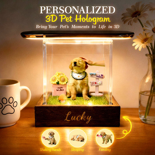 Lumina Boxes custom pet digital hologram house with wooden base, showcasing a detailed, illuminated pet hologram display.