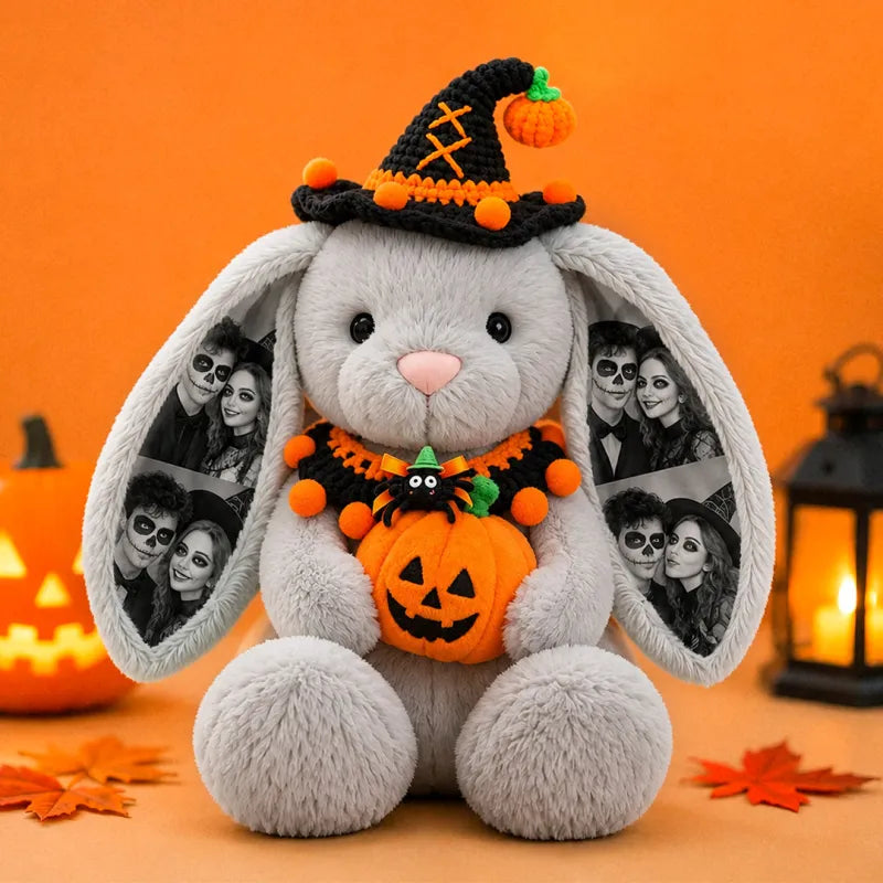Custom Photo Deluxe Halloween Bunny Plush: Custom photo deluxe Halloween bunny plush – personalized photo ears rabbit with pumpkin, witch hat and Halloween bib, couple gift