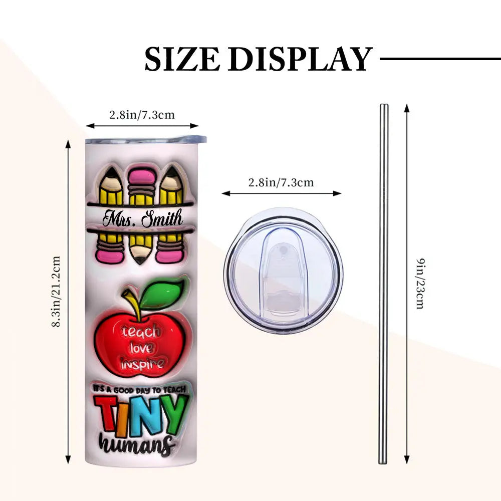 Personalized 3D Rainbow Apple & Pencil Teacher Tumbler – 20oz Skinny with Lid & Straw