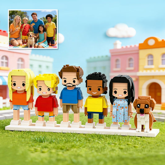 Custom Full-Body Cute Brick Figures of 5 People and 1 Dog