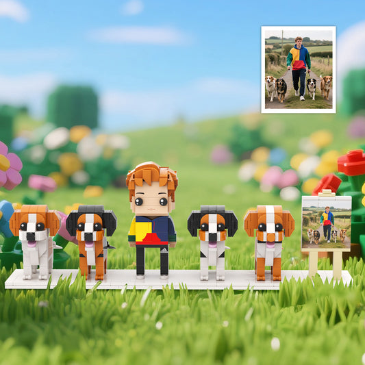 Custom Full-Body Brick Figures of 1 Person and 4 Dogs with Frame 