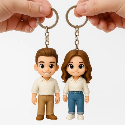 Custom 3D mini figure keychain from MadeMine featuring a personalized doll based on a photo, with detailed facial features and accessories.