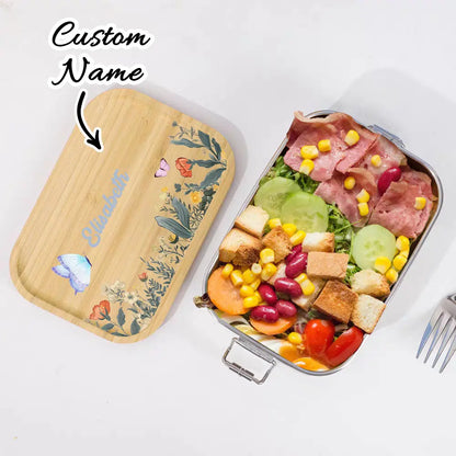 Personalized Kids Lunch Box – Custom Name Stainless Steel & Wood