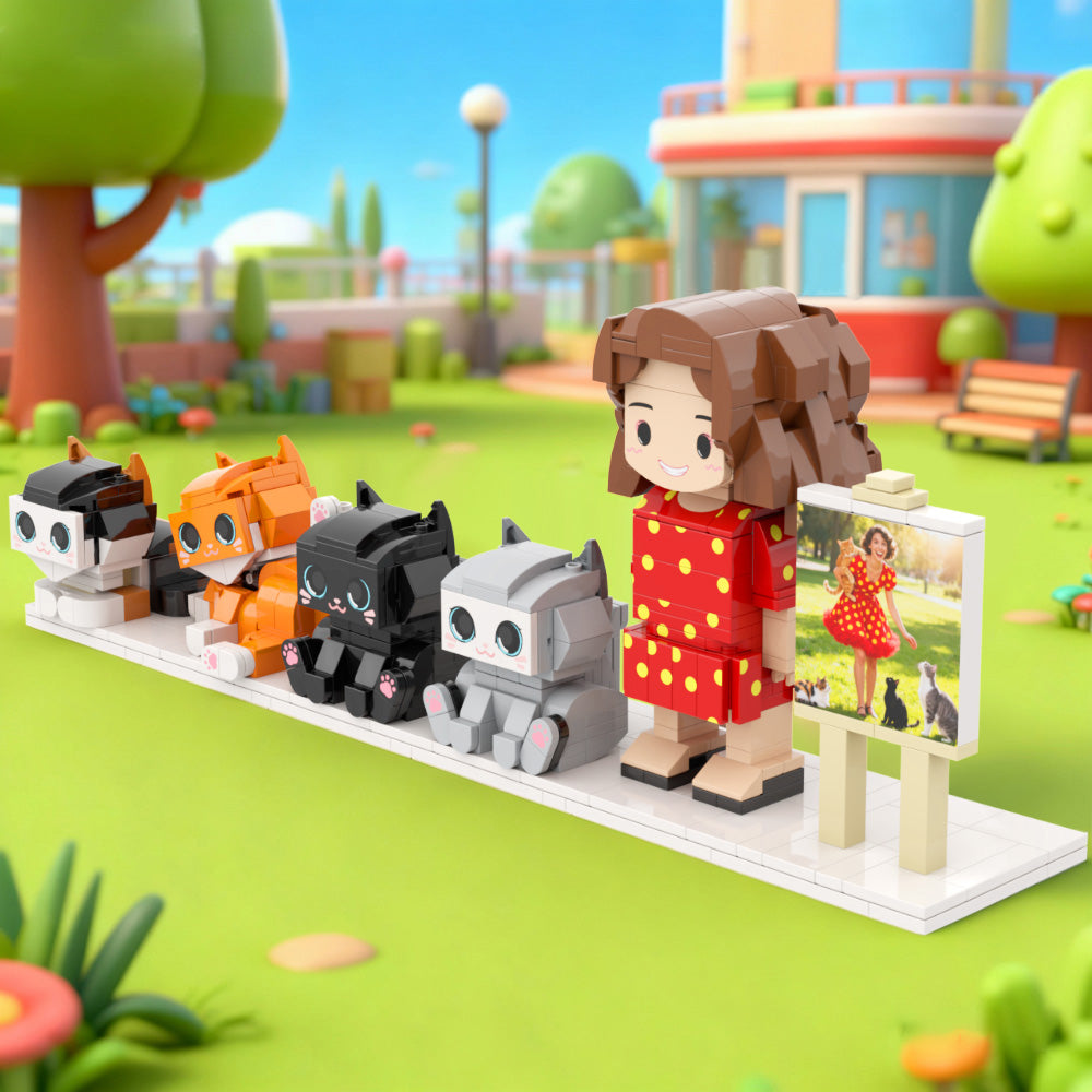 Aangepaste, schattige, volledig uit één stuk bestaande, stenen figuren van 1 persoon en 4 katten met frame, gepersonaliseerd jubileumcadeau, verjaardagscadeau