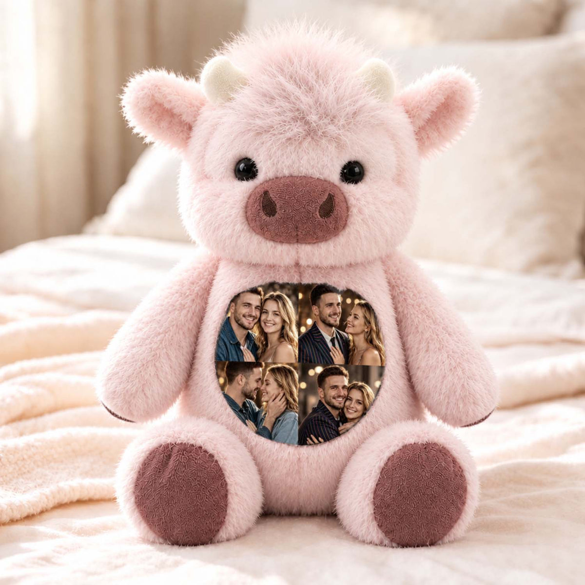 MadeMine personalized Highland Cow plush toy with custom photo, soft plush material, and detailed Highland Cow features.