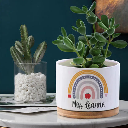 Personalized Rainbow Teacher Flower Pot – Custom Name Ceramic Planter