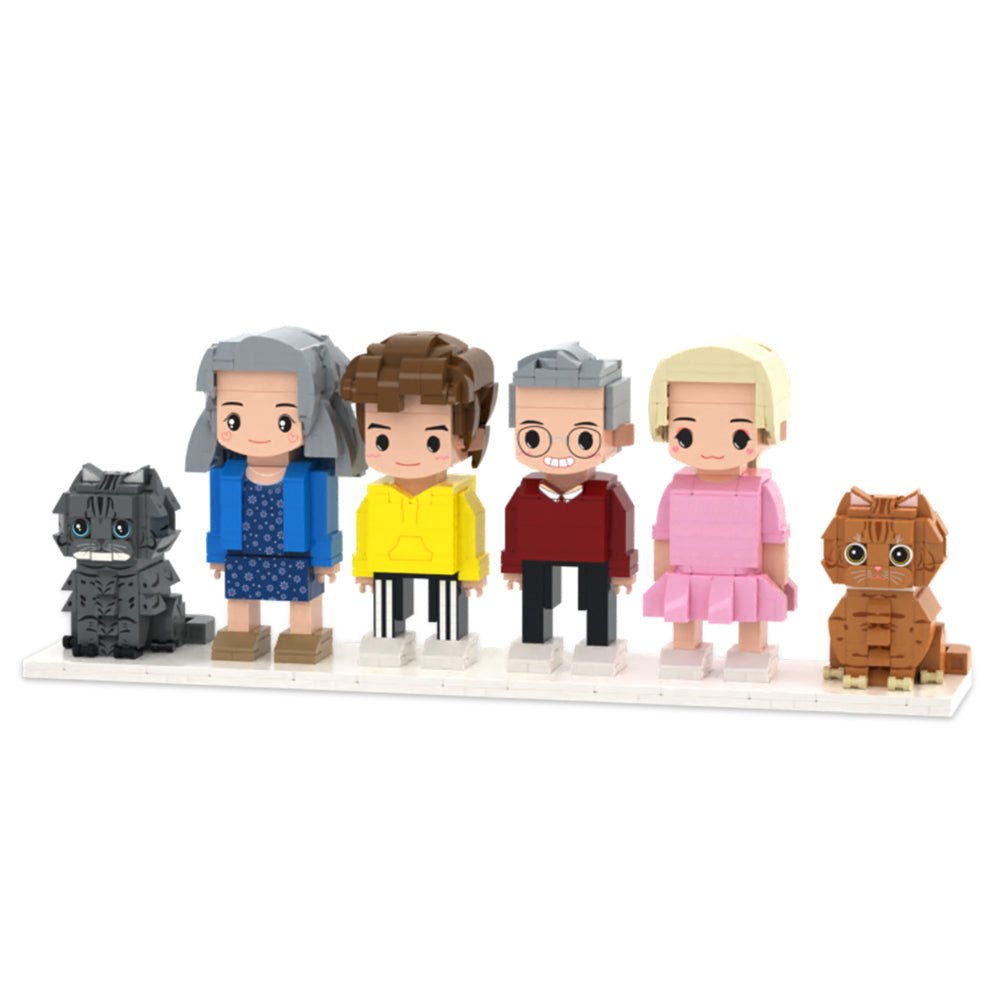 Figuras personalizadas de cuerpo entero de 4 personas y 2 gatos, estilo "ladrillo" y muy lindas. Regalo personalizado de aniversario o cumpleaños.