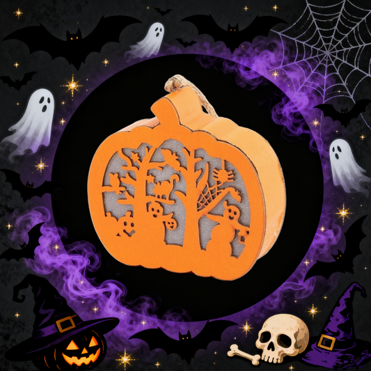 Halloween Haunted House Scene Wooden Pumpkin Light 