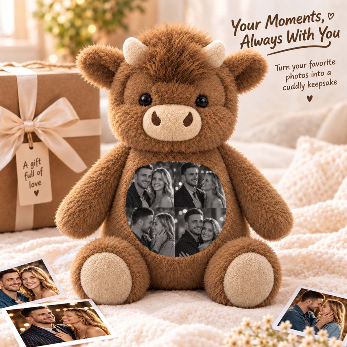 MadeMine personalized Highland Cow plush toy with custom photo, soft plush animal perfect for cuddling and keepsake gifts.