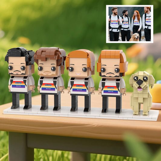 Figuras de ladrillo personalizadas de cuerpo completo de 4 personas y un perro. Regalo de aniversario personalizado. Regalo de cumpleaños.