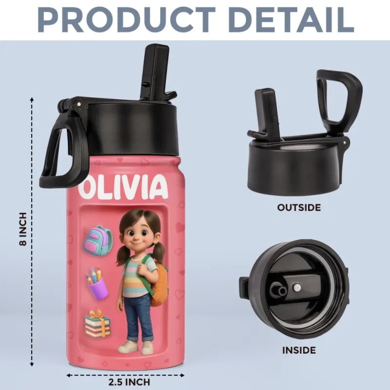 Custom Photo 3D Inflated Effect Printed Kids Water Bottle - Personalized Back To School Gifts For Kids