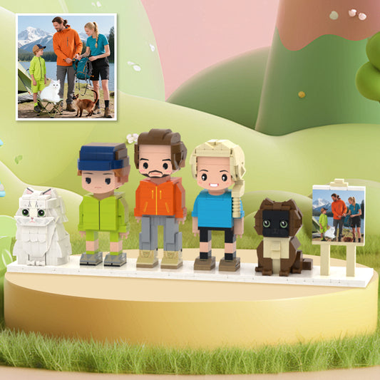 Cute Brick Figures of 3 People and 2 Cats
