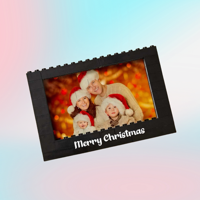 Fotoframe van zwarte bouwstenen met gepersonaliseerde tekst – Verjaardags- en kerstcadeau (frame alleen, plaats uw eigen foto)