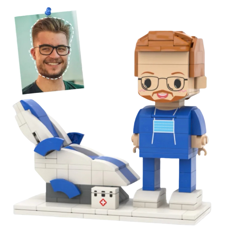 Personalized Head Custom Text Brick Figures Wearing Blue Uniform 