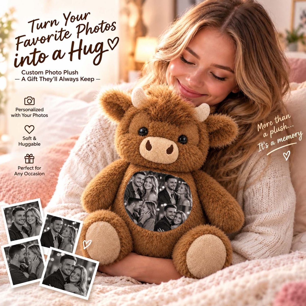 MadeMine personalized Highland Cow plush toy with custom photo, soft plush material and detailed embroidered features.
