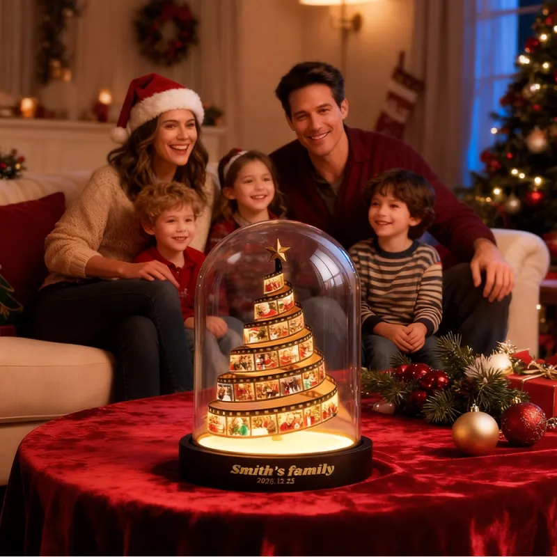Custom Photo Film Christmas Tree Night Light, Personalized Family Photo Keepsake with Engraved Wood Base, Christmas Gift