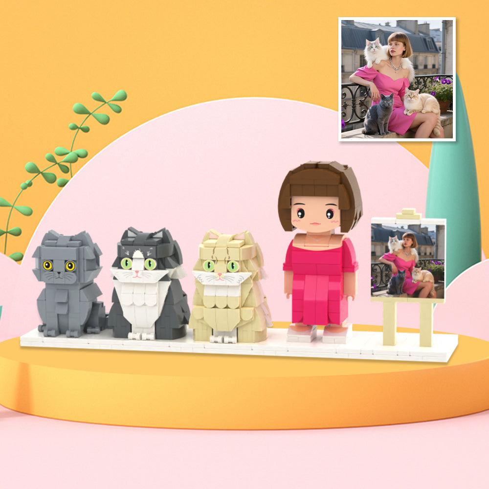 Cute Brick Figures of 1 Person and 3 Cats