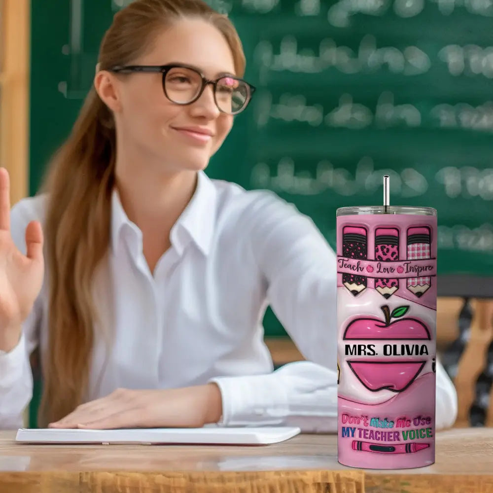 Personalized 3D Apple & Pencil Teacher Tumbler – 20oz Skinny with Lid & Straw