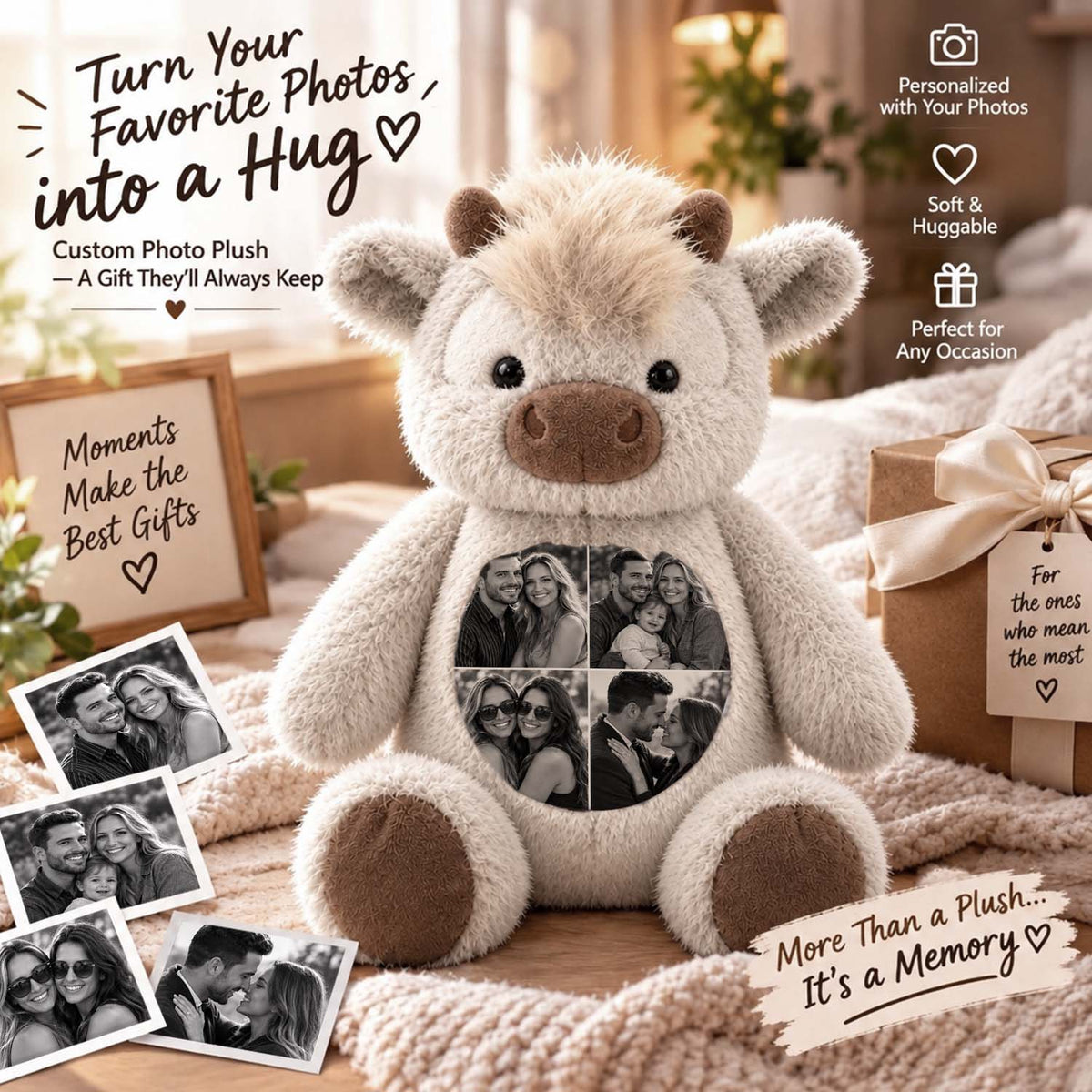 MadeMine personalized Highland Cow plush toy with custom photo, soft plush stuffed animal for kids or collectors.