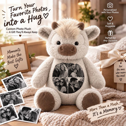 MadeMine personalized Highland Cow plush toy with custom photo, soft plush stuffed animal for kids or collectors.