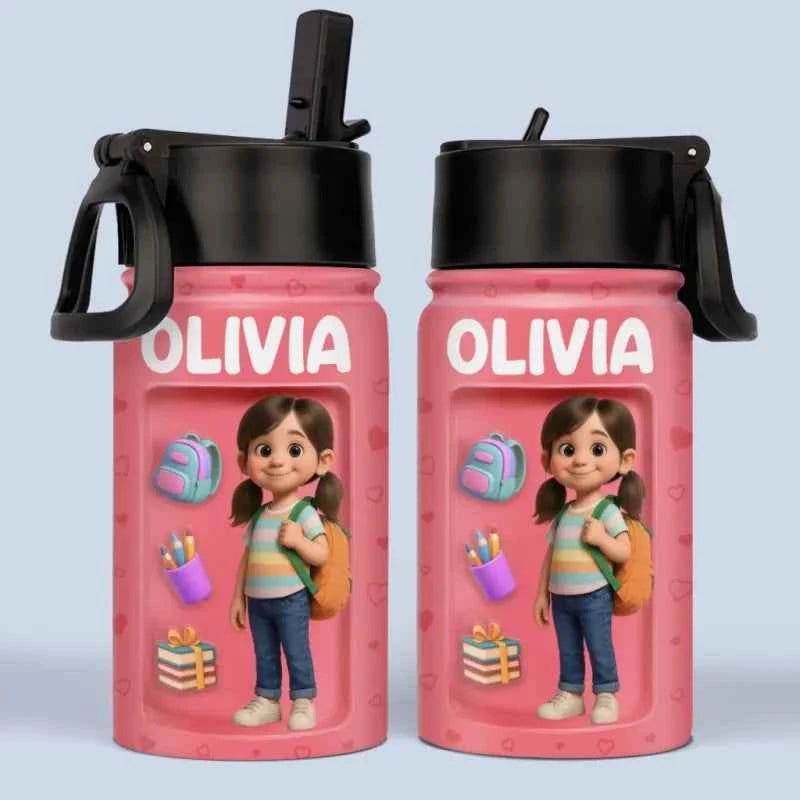 Custom Photo 3D Inflated Effect Printed Kids Water Bottle - Personalized Back To School Gifts For Kids