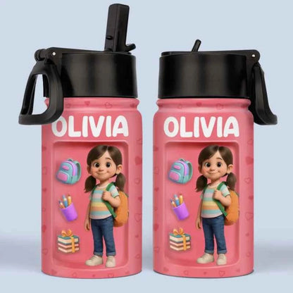 Custom Photo 3D Inflated Effect Printed Kids Water Bottle - Personalized Back To School Gifts For Kids