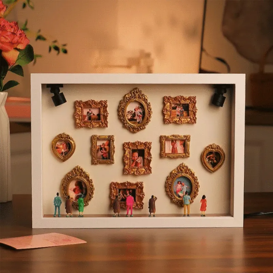 MadeMine personalized couples gift with white frame and spotlights, featuring a cute miniature museum design for her.