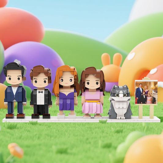 Custom Full-Body Cute Brick Figures of 4 People and 1 Cat