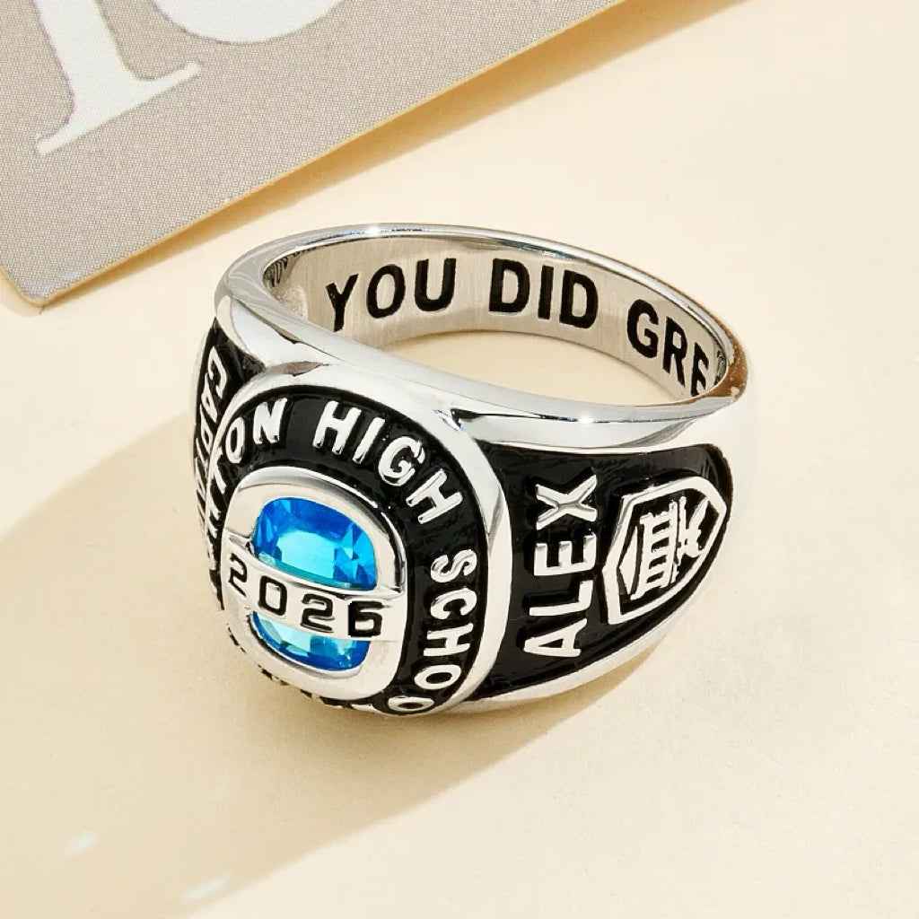 Personalized Birthstone Class Signet Ring with Engraved Symbol Name and Text Class of Graduation Gift for High School