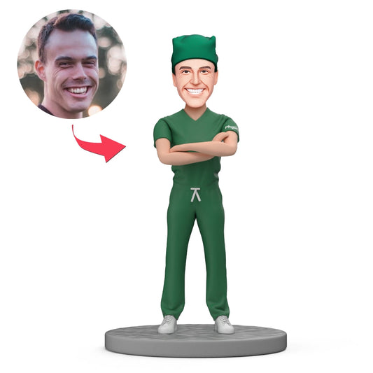 Figuras cabezonas personalizadas de médico con bata quirúrgica