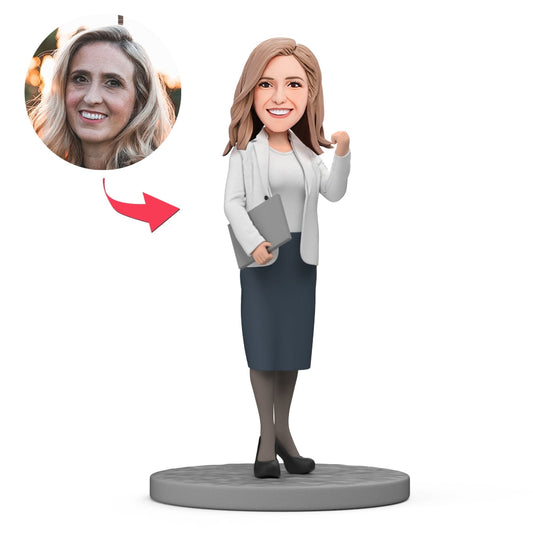 Figura cabezona personalizada de mujer de negocios sosteniendo documentos