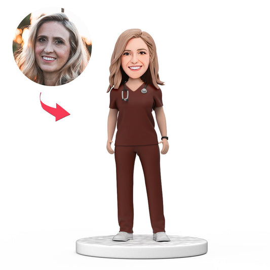 Figura cabezona de doctora personalizada con uniforme rojo y texto grabado, regalo para el Día Nacional del Médico.