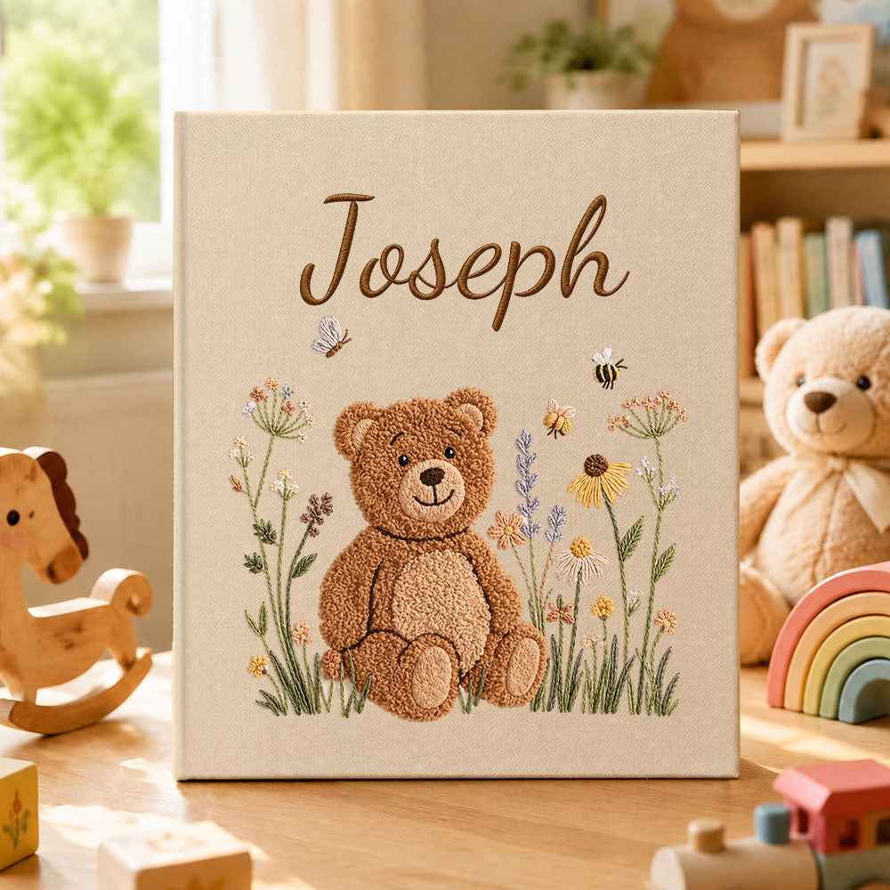 Personalized Linen Baby Memory Book – Embroidered Style Newborn Keepsake Album