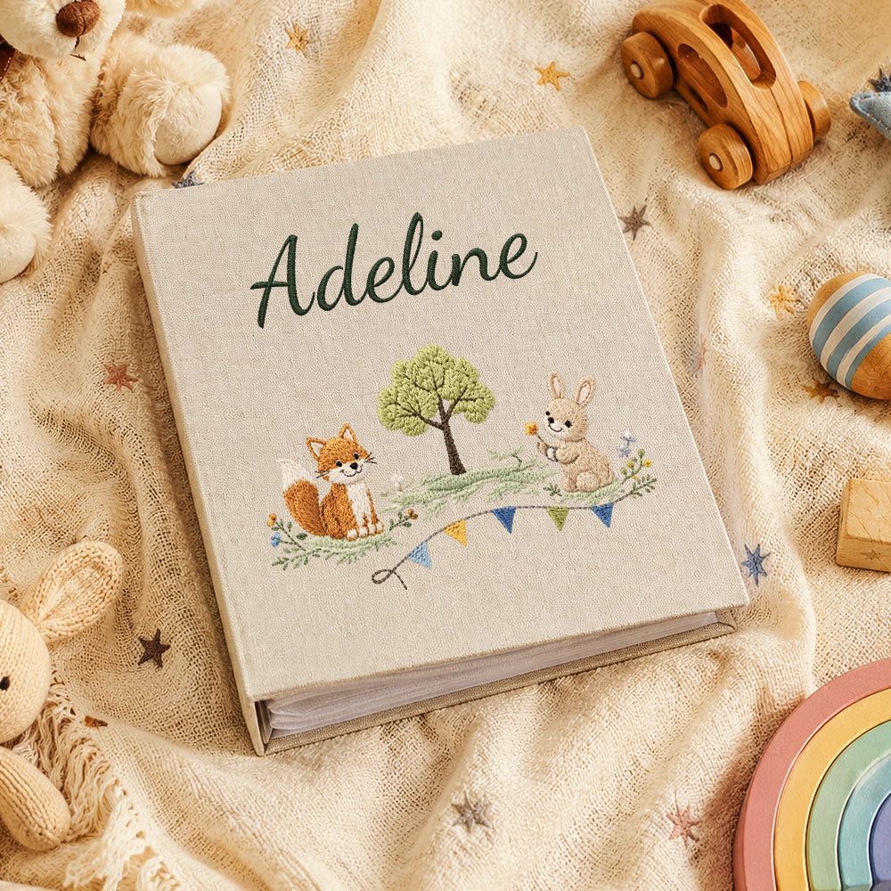 Personalized Linen Baby Memory Book – Embroidered Style Newborn Keepsake Album