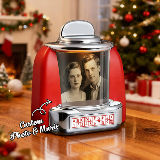 Gepersonaliseerde Jukebox Retro Speaker met Gepersonaliseerde Foto, Namen &amp; Datum Muziek Minispeler met Radio Vintage Tafelblad Woondecoratie Nostalgisch Cadeau