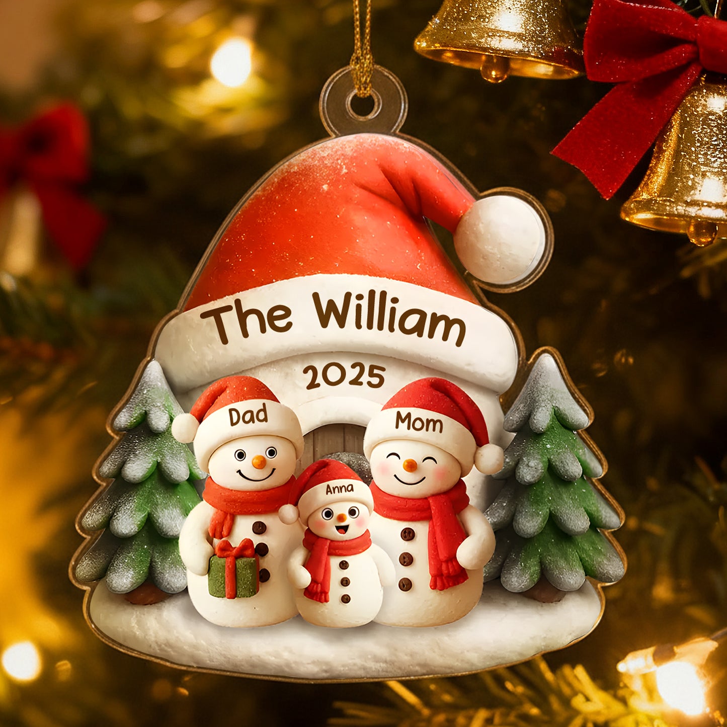 Gepersonaliseerde familie sneeuwpop acryl ornament - aangepaste naam en tekst kerstboomdecoratie