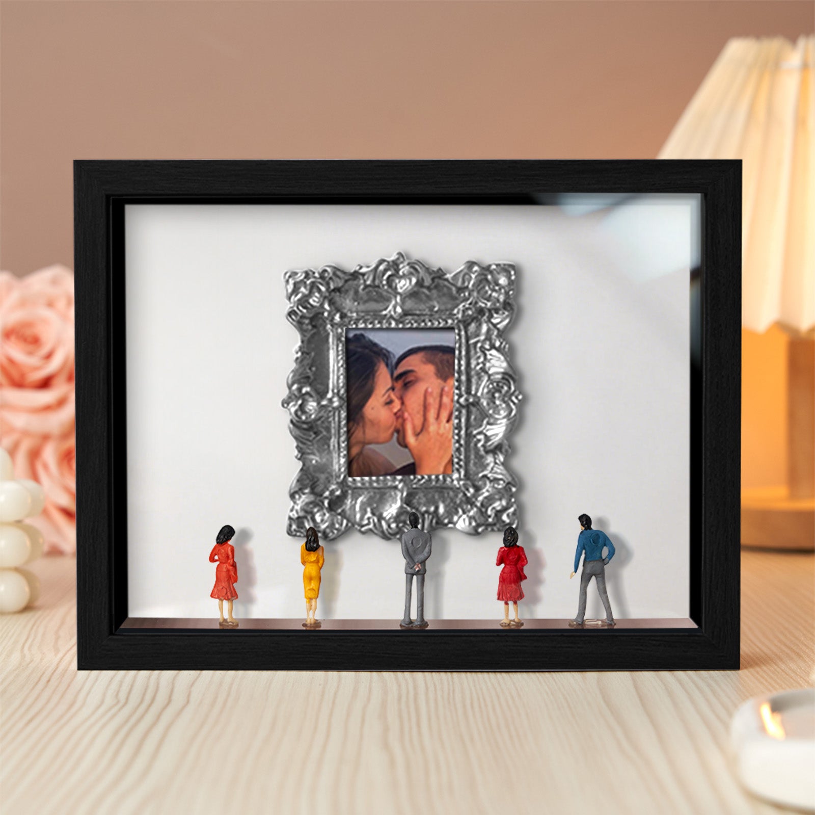 Miniature personalized couple's gift by MadeMine featuring a black frame with spotlights, inspired by Museum of Us design.