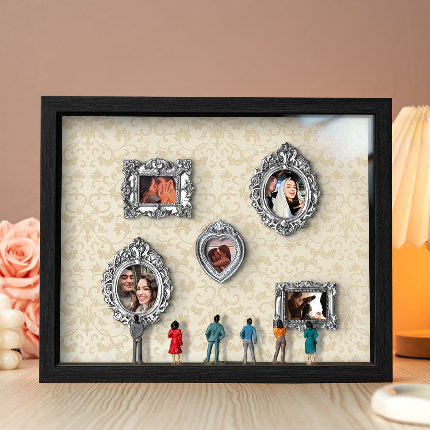 Miniature personalized couple's gift with spotlights in a black frame, featuring a cute museum-themed design by MadeMine.