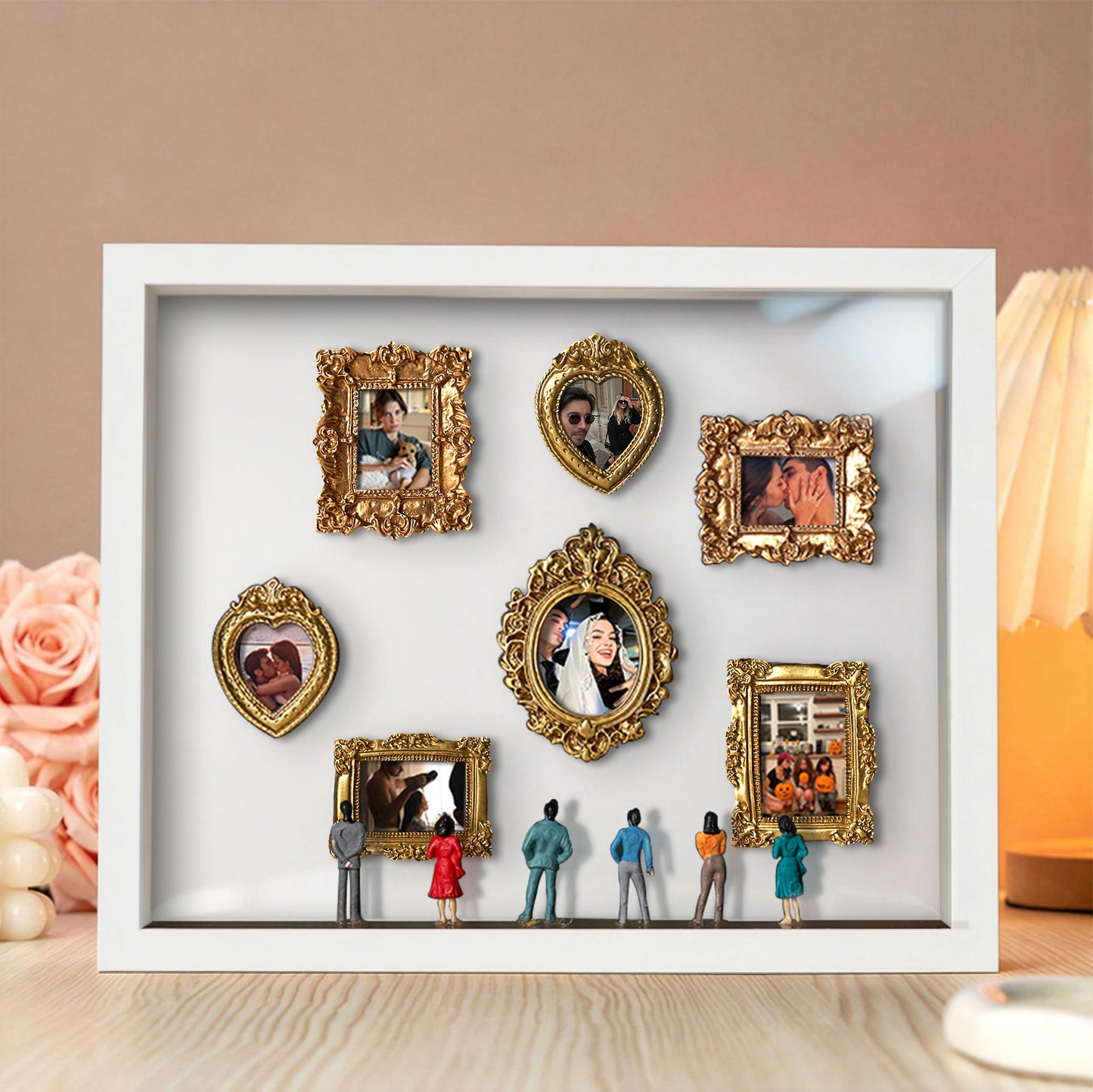 Miniature personalized couples gift with white frame and spot lights, featuring a cute museum-themed design by MadeMine.