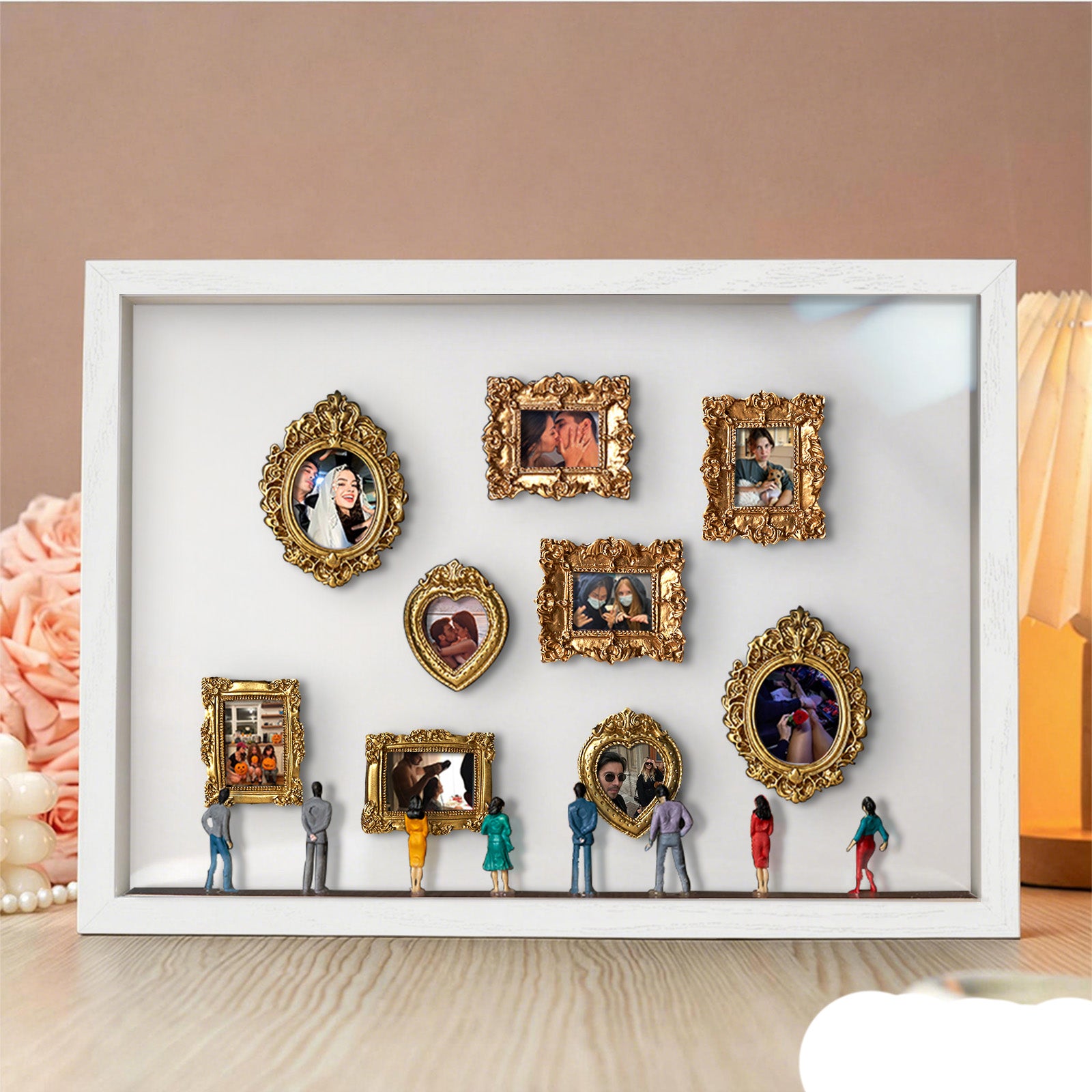 Miniature personalized Museum of Us gift with white frame and spot lights, featuring a cute design for couples, by MadeMine.